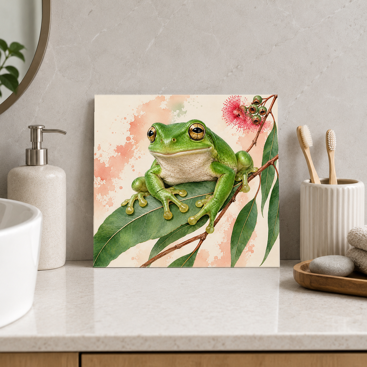 Little Gumleaf Frog ceramic decorative tile in Pop Color, shown in a room mockup