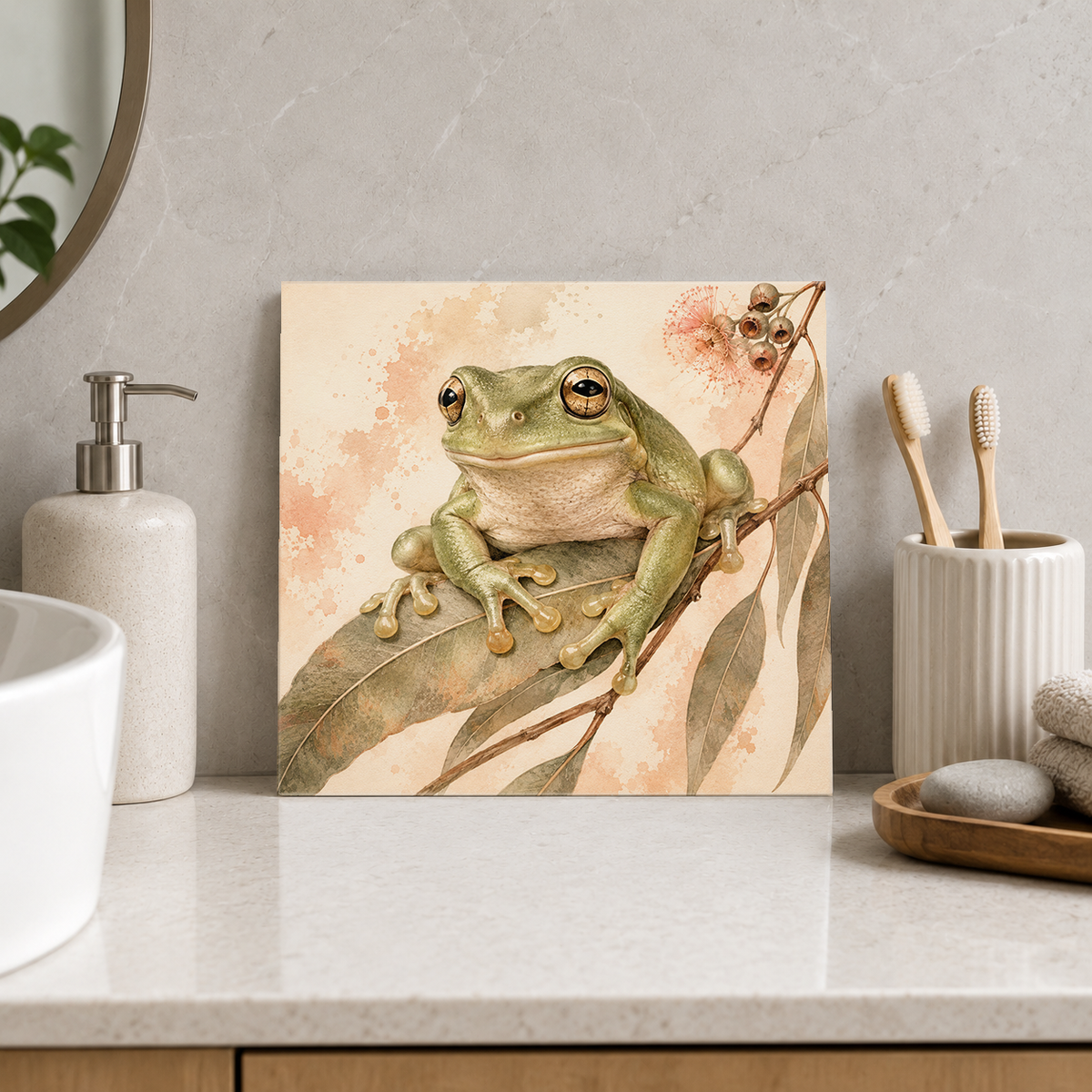 Little Gumleaf Frog ceramic decorative tile in Warm Country, shown in a room mockup
