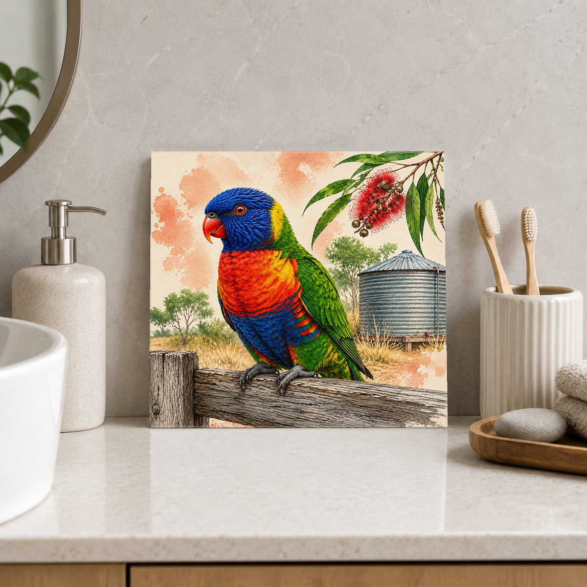 Lorikeet by the Tank ceramic decorative tile in Pop Color, shown in a room mockup