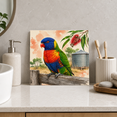 Lorikeet by the Tank ceramic decorative tile in Pop Color, shown in a room mockup