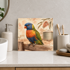 Lorikeet by the Tank ceramic decorative tile in Warm Country, shown in a room mockup