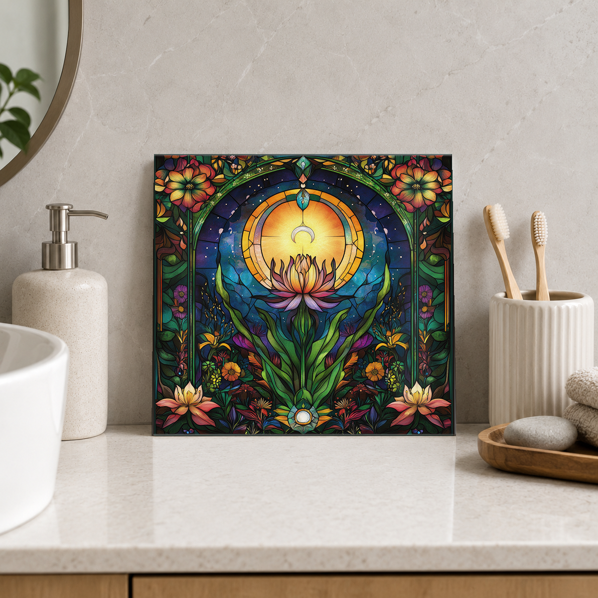 Lotus beneath Glowing Moon Arch Tile displayed in the bathroom tile mock-up