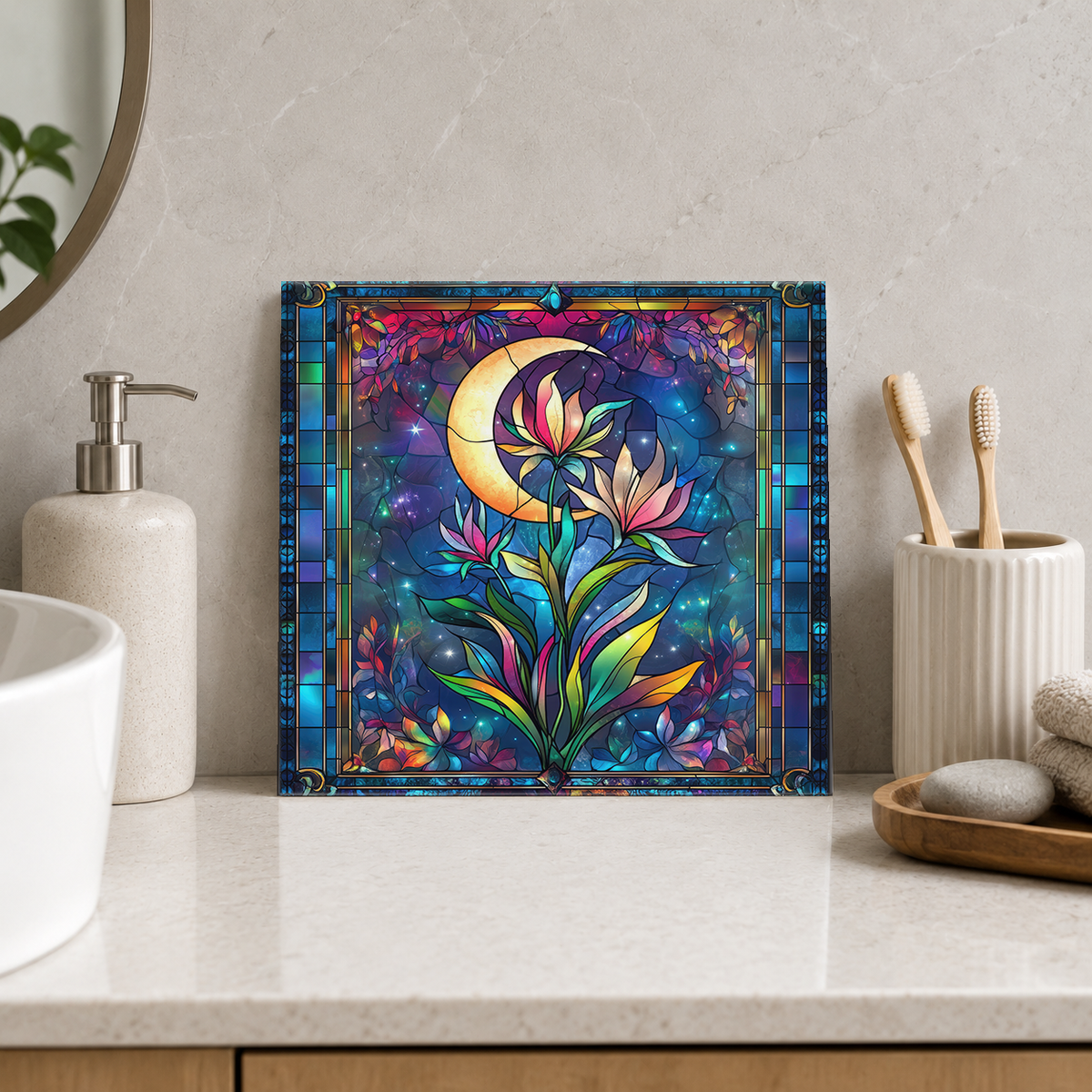 Lotus Stem beneath Crescent Moon Tile displayed in the bathroom tile mock-up