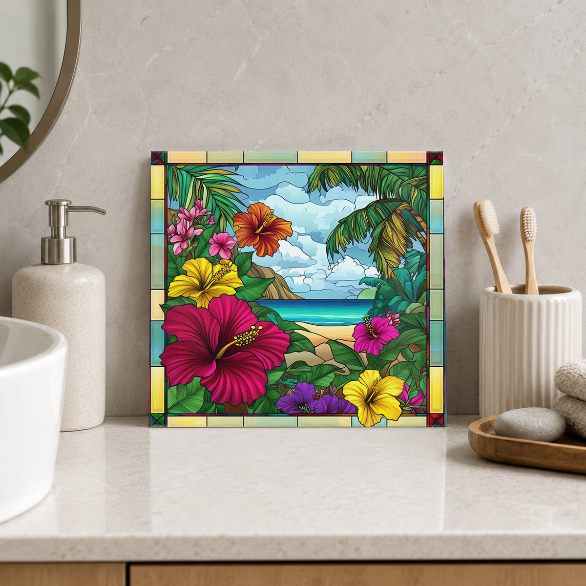 Magenta Hibiscus beside Turquoise Bay Tile displayed in the bathroom tile mock-up