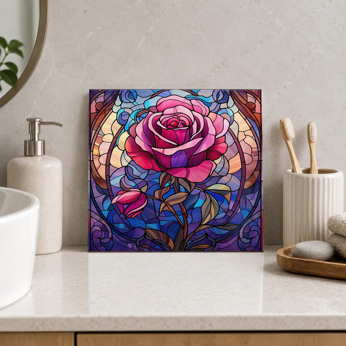 Magenta Rose in Mosaic Oval Tile displayed in the bathroom tile mock-up
