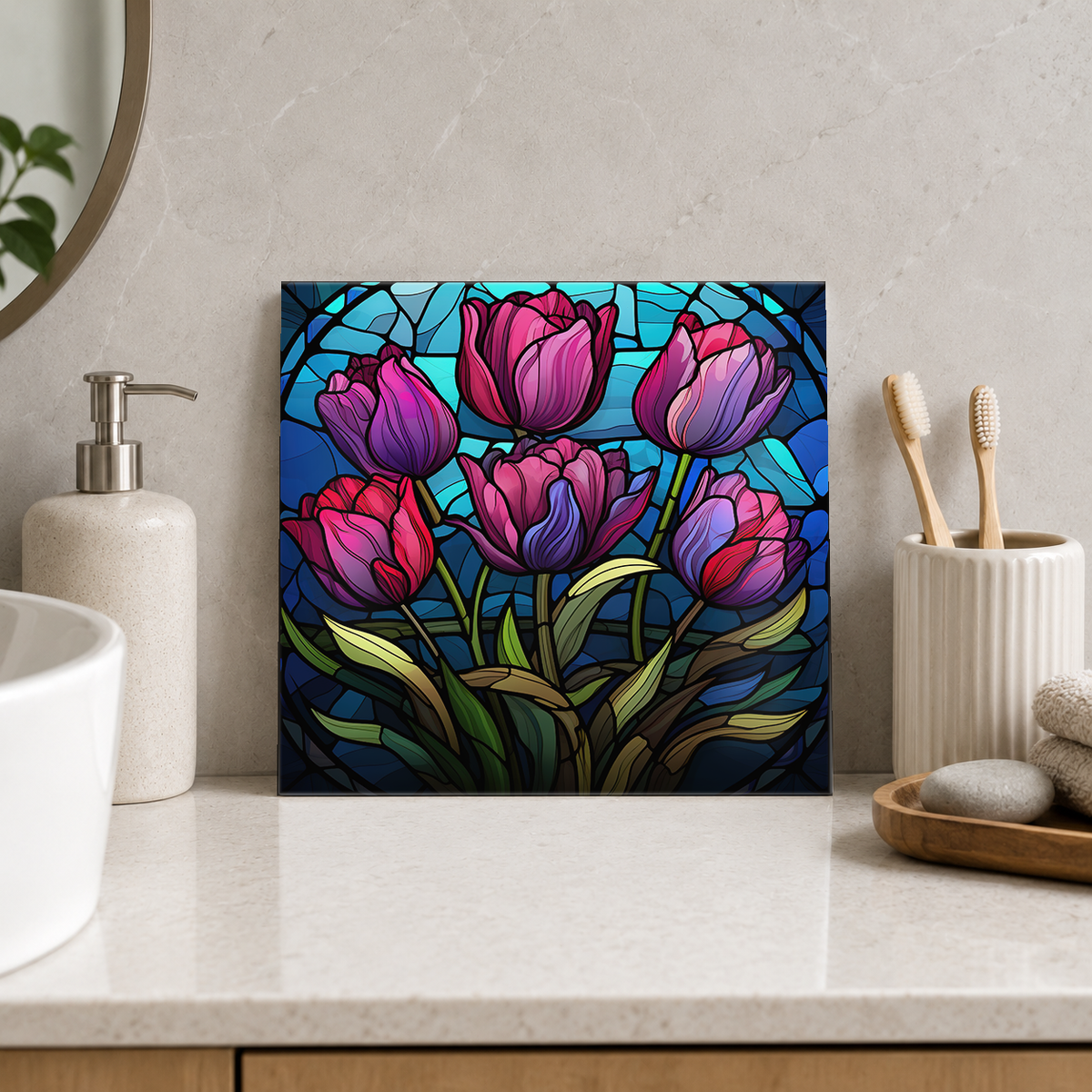 Magenta Tulip Garden Tile displayed in the bathroom tile mock-up