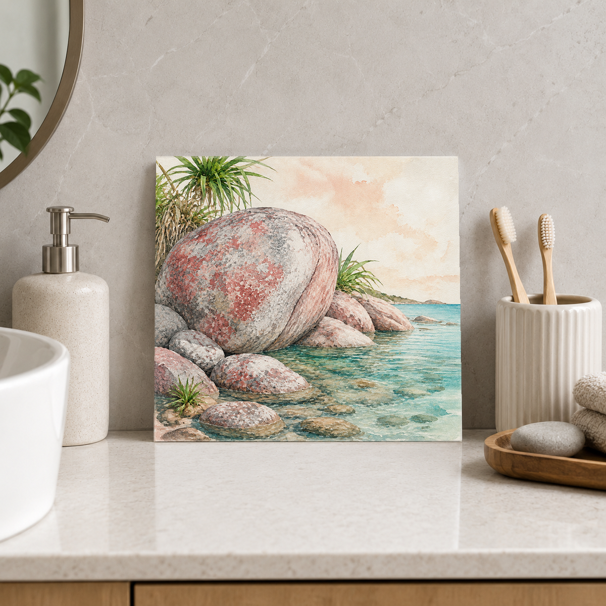 Magnetic Island Granite ceramic decorative tile in Pop Color, shown in a room mockup