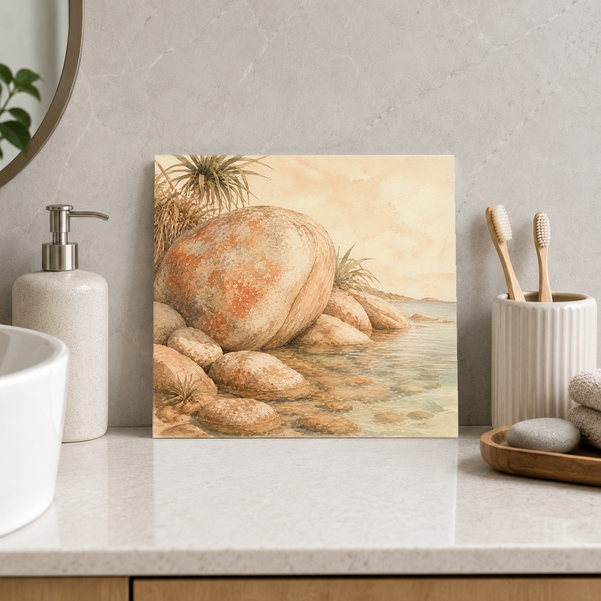 Magnetic Island Granite ceramic decorative tile in Warm Country, shown in a room mockup