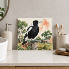 Magpie Fence Watch ceramic decorative tile in Pop Color, shown in a room mockup