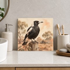 Magpie Fence Watch ceramic decorative tile in Warm Country, shown in a room mockup
