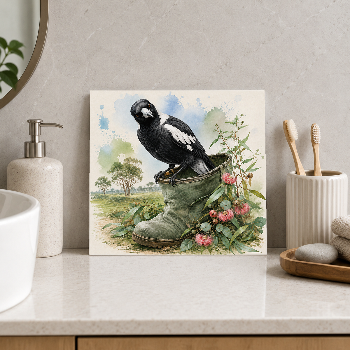 Magpie Gumboot ceramic decorative tile in Pop Color, shown in a room mockup
