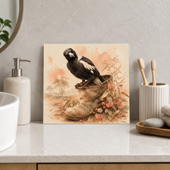 Magpie Gumboot ceramic decorative tile in Warm Country, shown in a room mockup