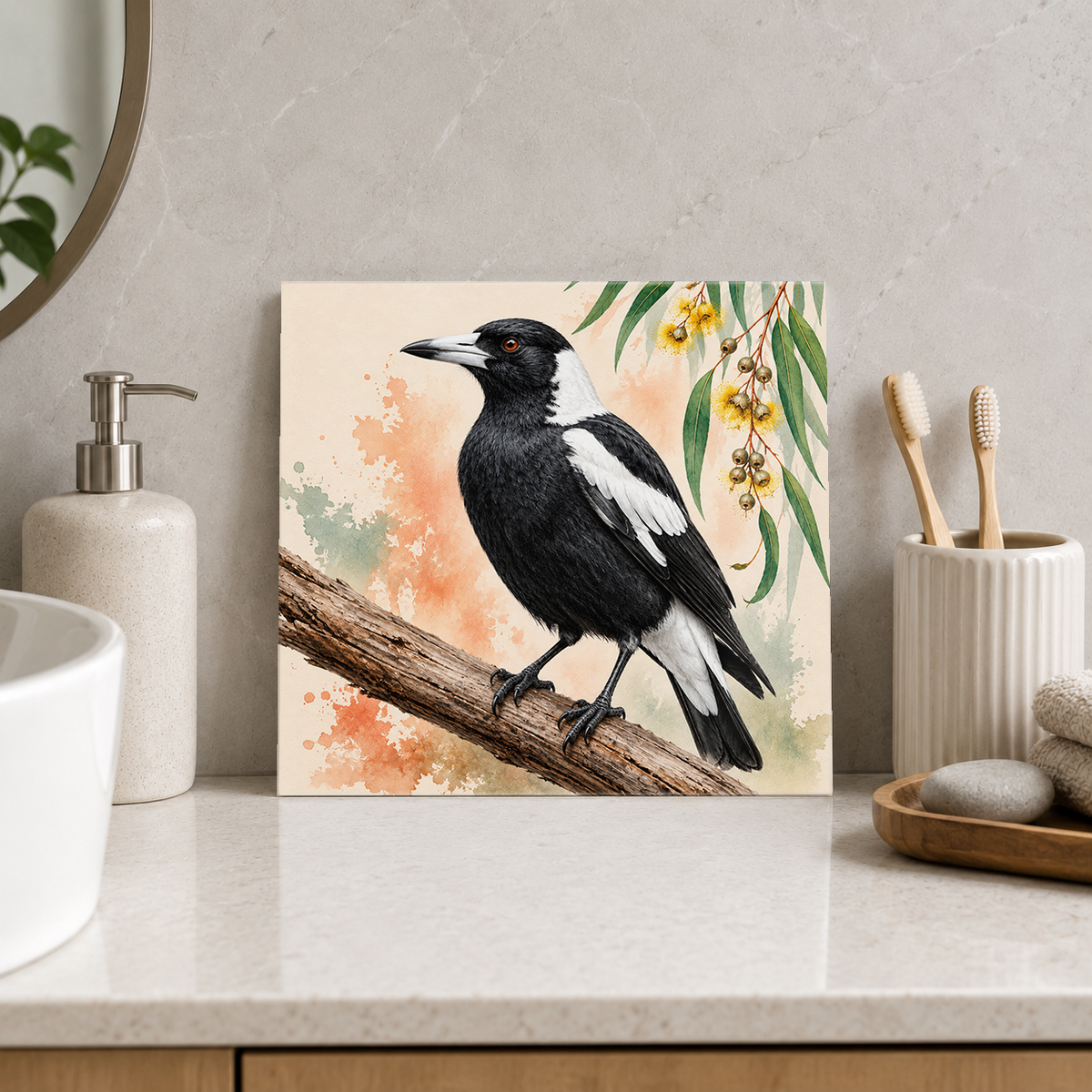 Magpie on Timber ceramic decorative tile in Pop Color, shown in a room mockup