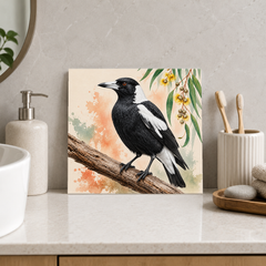 Magpie on Timber ceramic decorative tile in Pop Color, shown in a room mockup