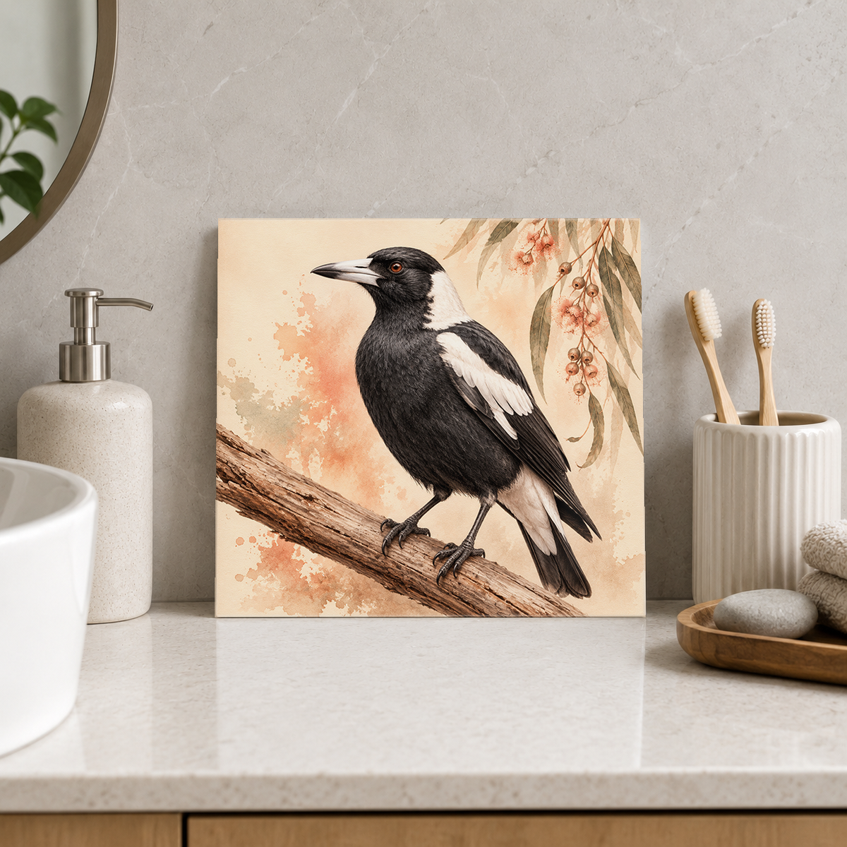 Magpie on Timber ceramic decorative tile in Warm Country, shown in a room mockup