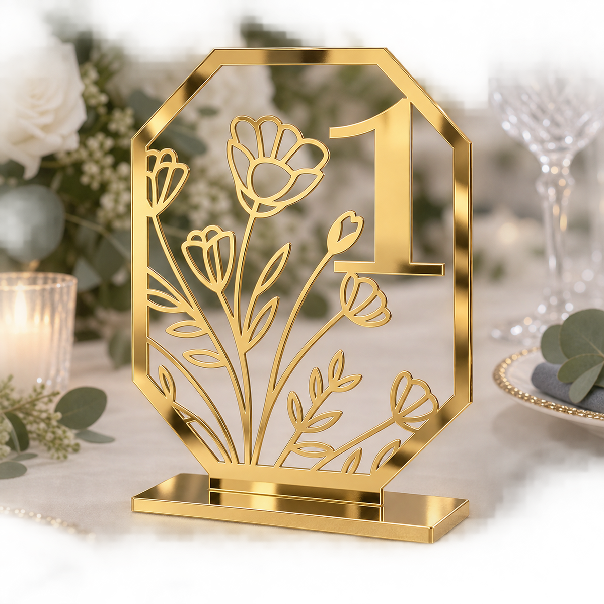 Meadow Bloom Octagon Table Number in gold mirror acrylic with flat base