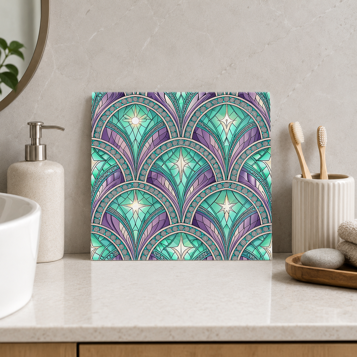 Mint and Lavender Jewel Fans Tile displayed in the bathroom tile mock-up