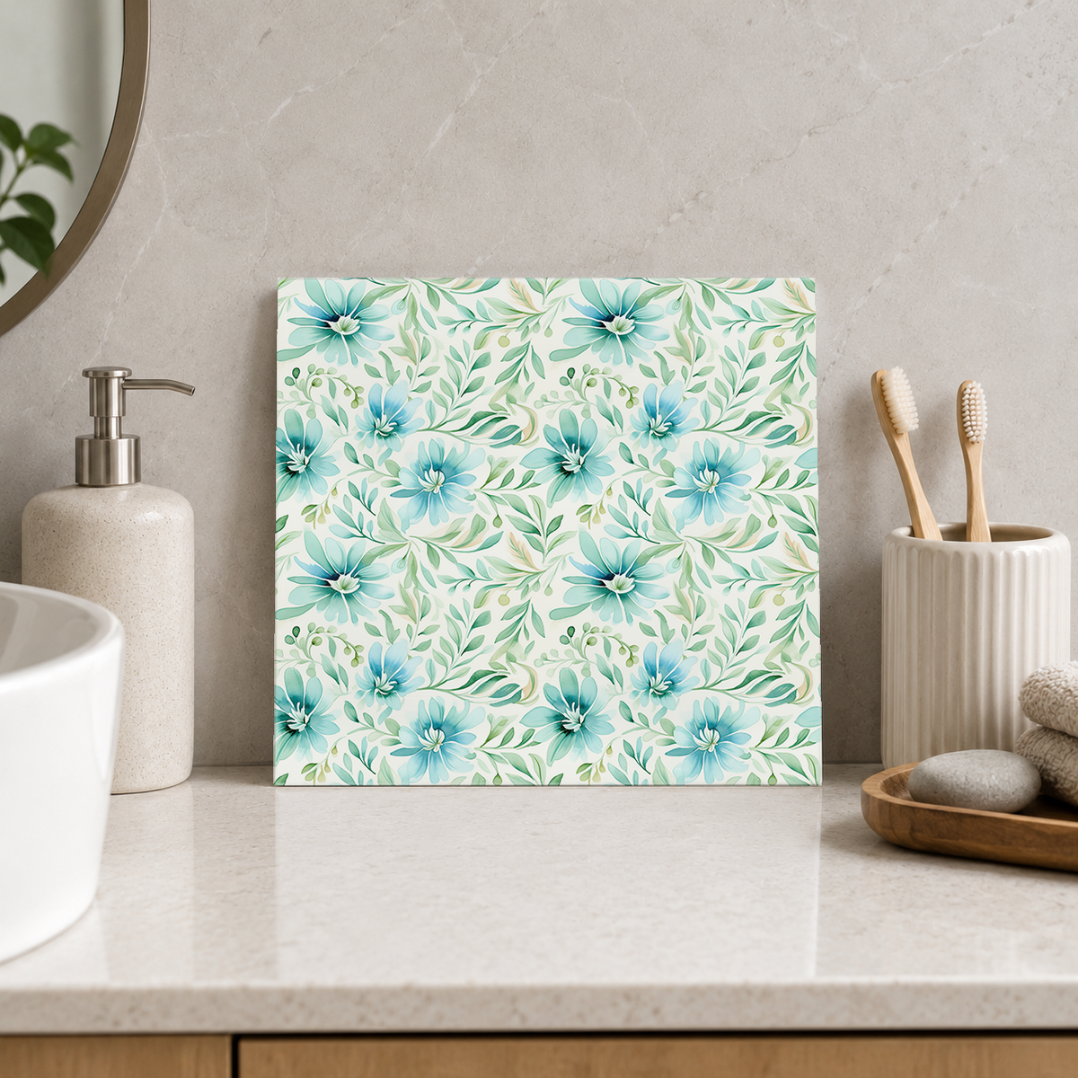 Mint Blossoms and Ferns Tile displayed in the bathroom tile mock-up