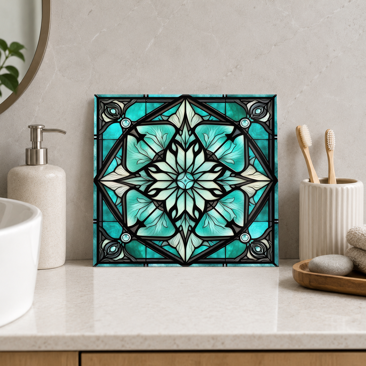 Mint Floral Star in Turquoise Frame Tile displayed in the bathroom tile mock-up