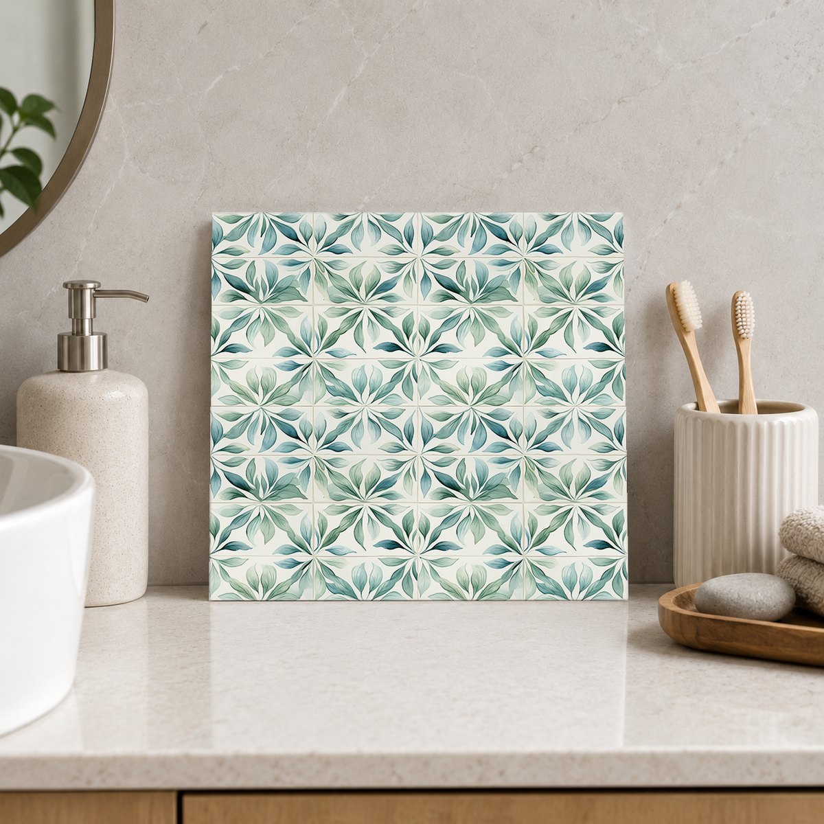 Mint Leaf Star Grid Tile displayed in the bathroom tile mock-up