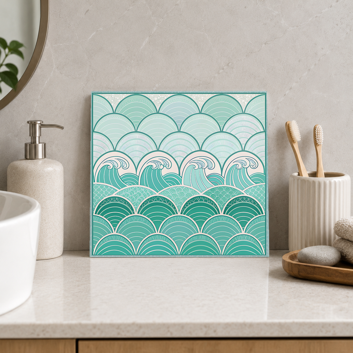 Mint Scallops and Ocean Waves Tile displayed in the bathroom tile mock-up