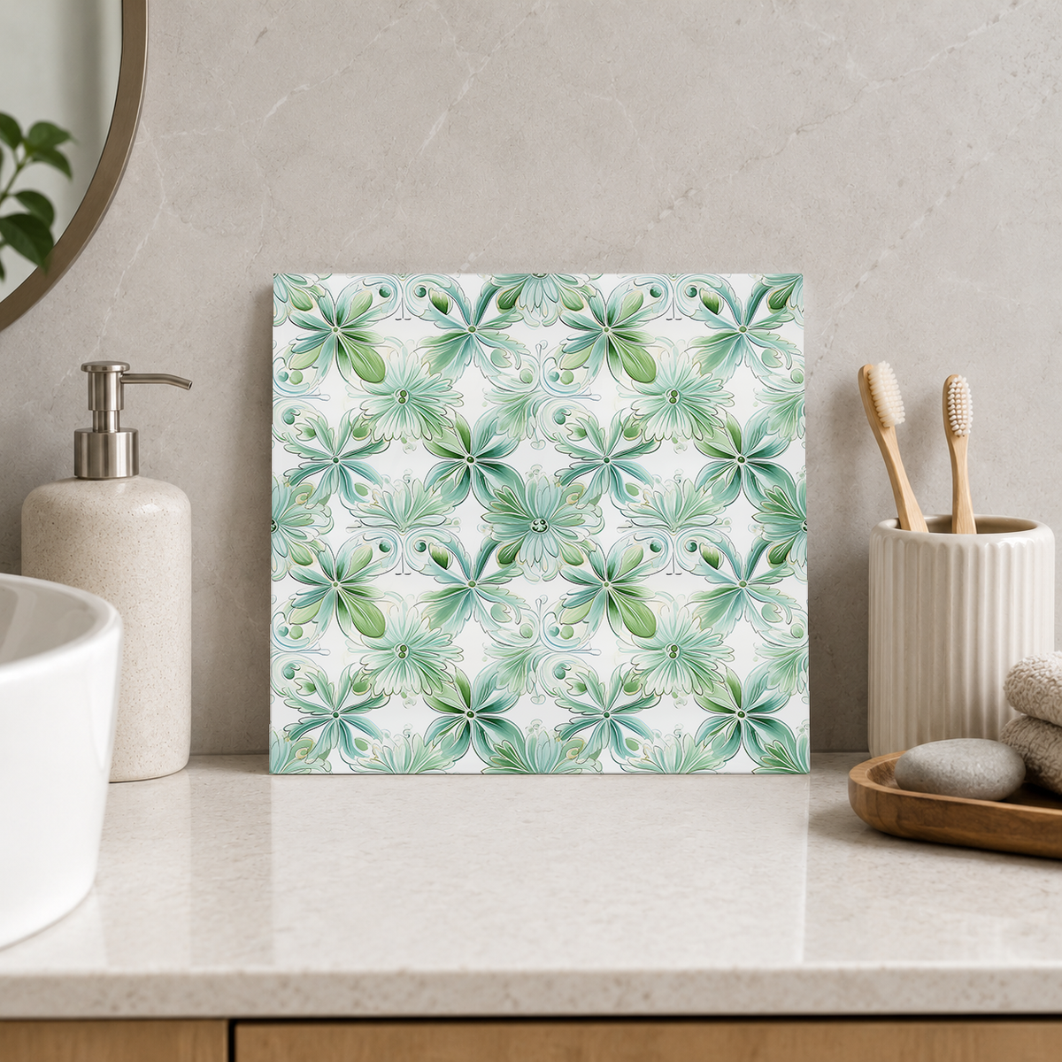 Mint Starflowers and Fine Scrolls Tile displayed in the bathroom tile mock-up