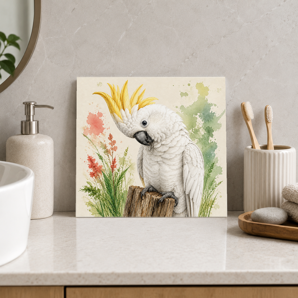 Mischievous Cockatoo ceramic decorative tile in Pop Color, shown in a room mockup