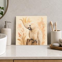 Mischievous Cockatoo ceramic decorative tile in Warm Country, shown in a room mockup