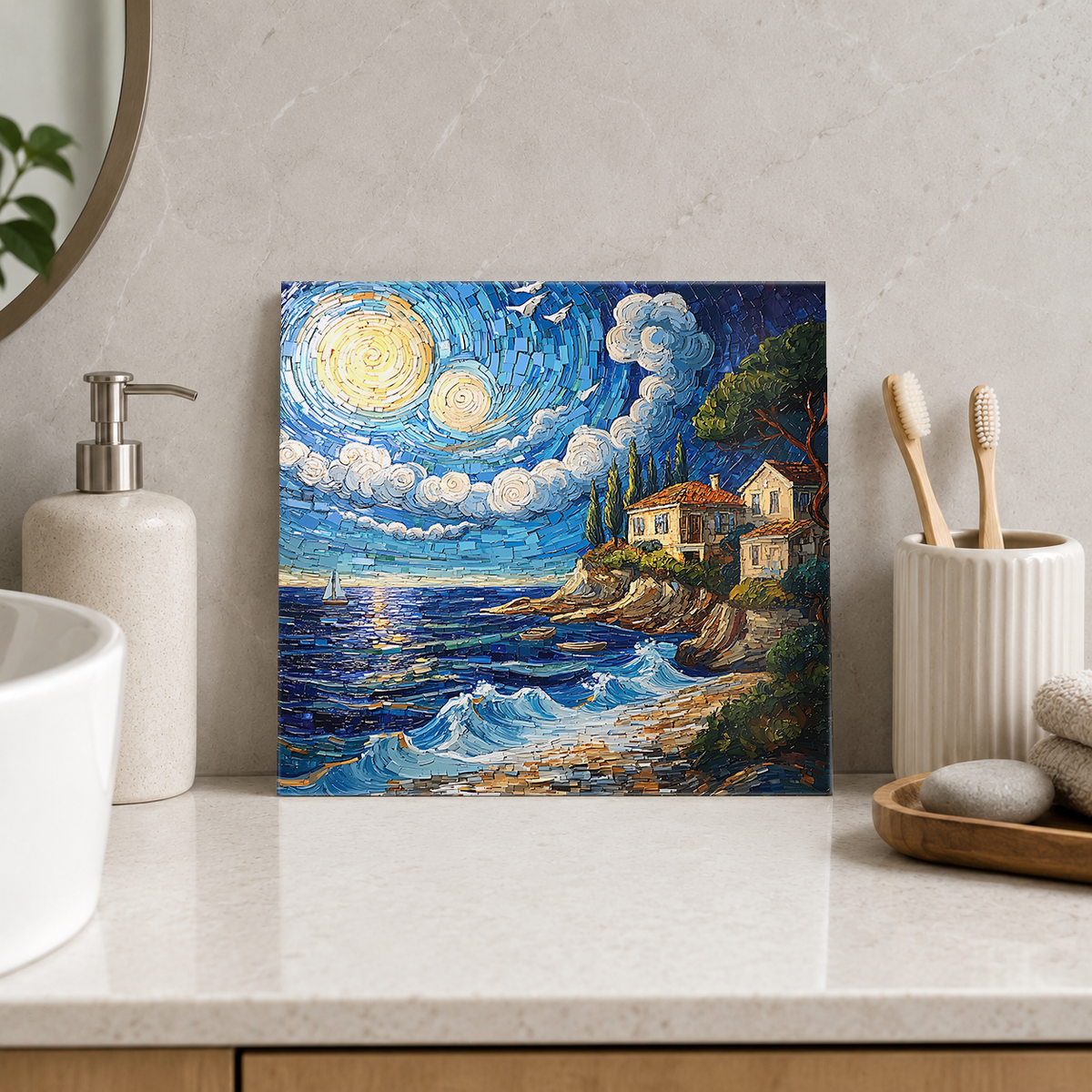 Moonlit Villa on Rocky Coast Tile displayed in the bathroom tile mock-up
