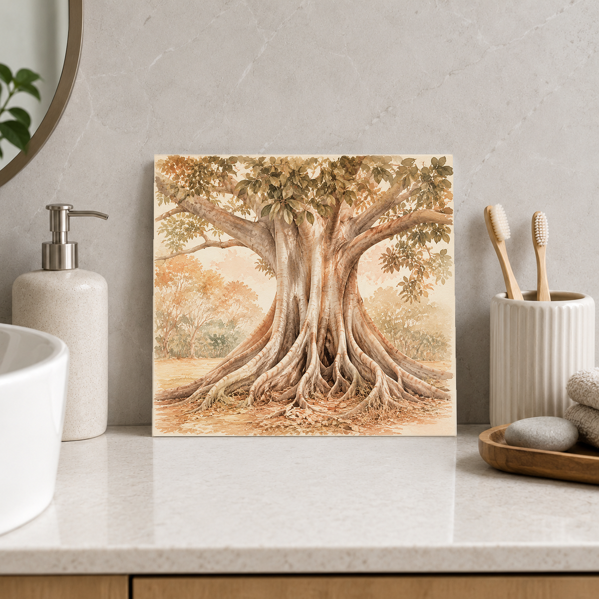 Moreton Bay Fig ceramic decorative tile in Warm Country, shown in a room mockup