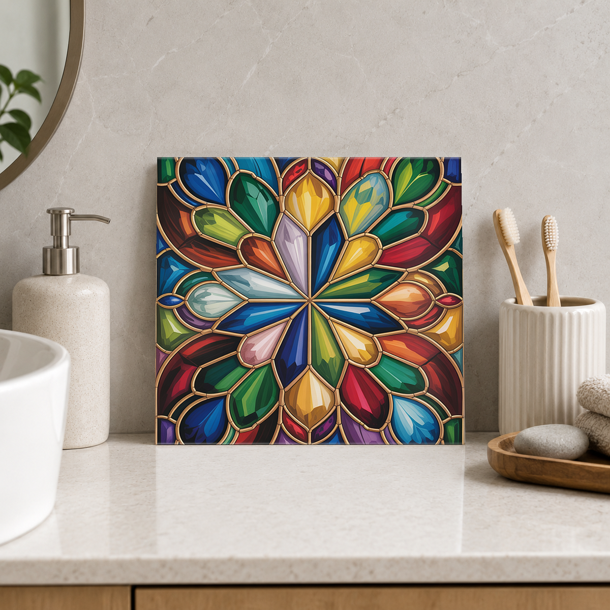 Multicolour Gem Petal Star Tile displayed in the bathroom tile mock-up