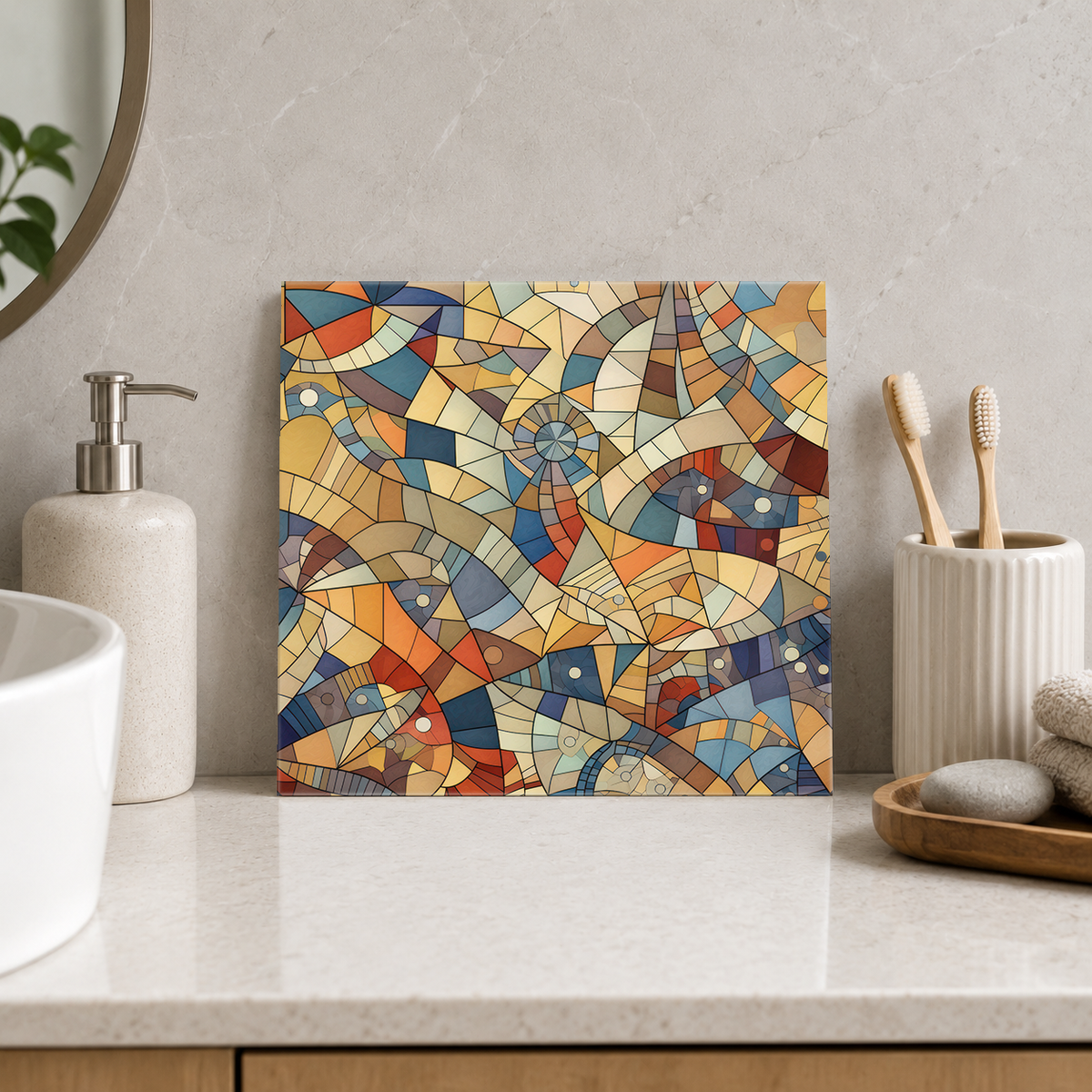 Muted Rainbow Spiral Mosaic Tile displayed in the bathroom tile mock-up