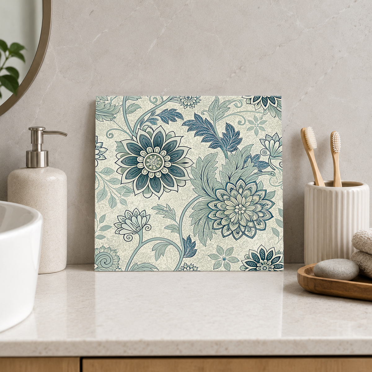 Muted Teal Dahlia Scrolls Tile displayed in the bathroom tile mock-up
