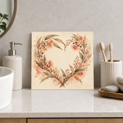 Native Floral Heart ceramic decorative tile in Warm Country, shown in a room mockup