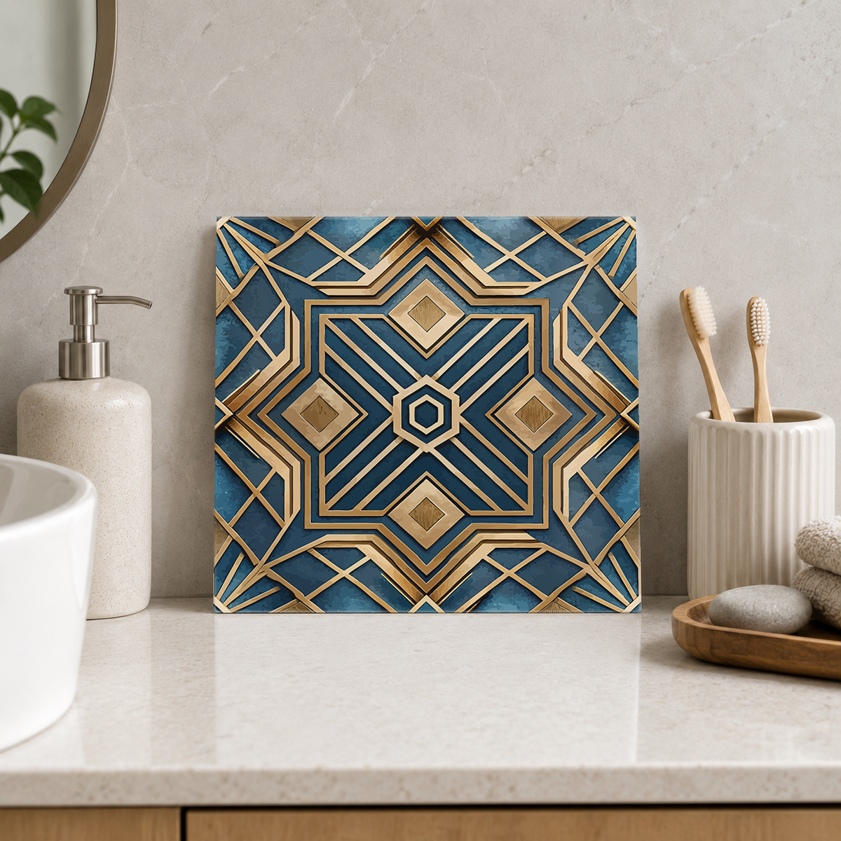 Navy and Gold Angular Cross Tile displayed in the bathroom tile mock-up