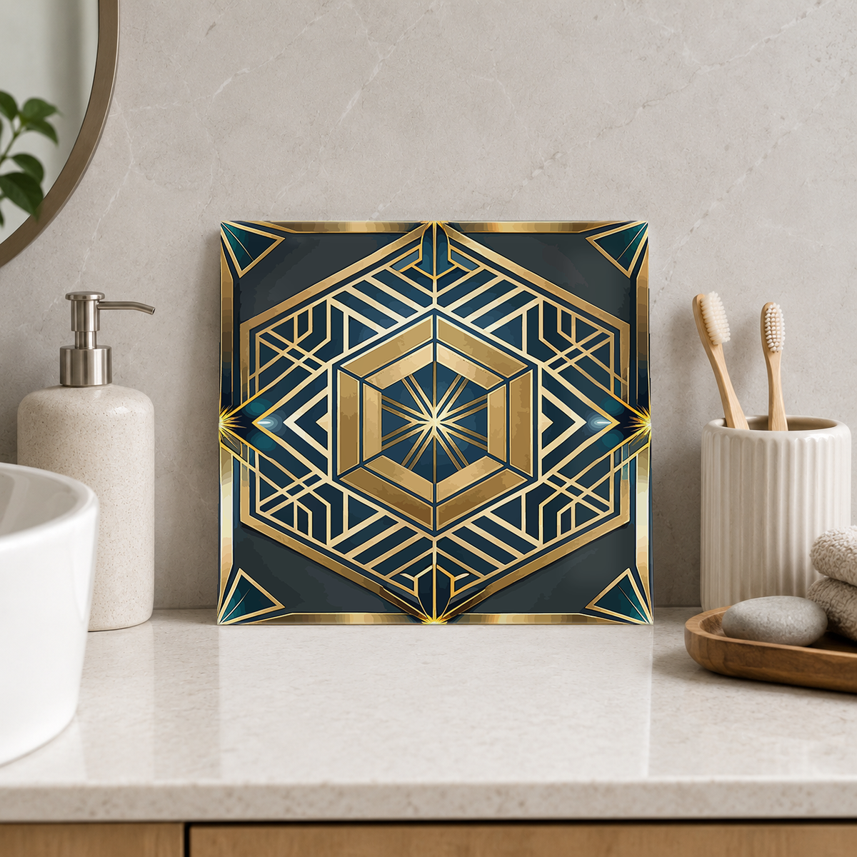 Navy and Gold Hexagonal Star Tile displayed in the bathroom tile mock-up