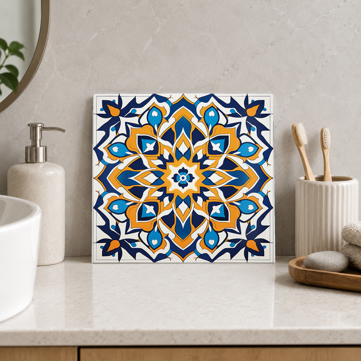 Navy and Gold Petal Medallion Tile displayed in the bathroom tile mock-up