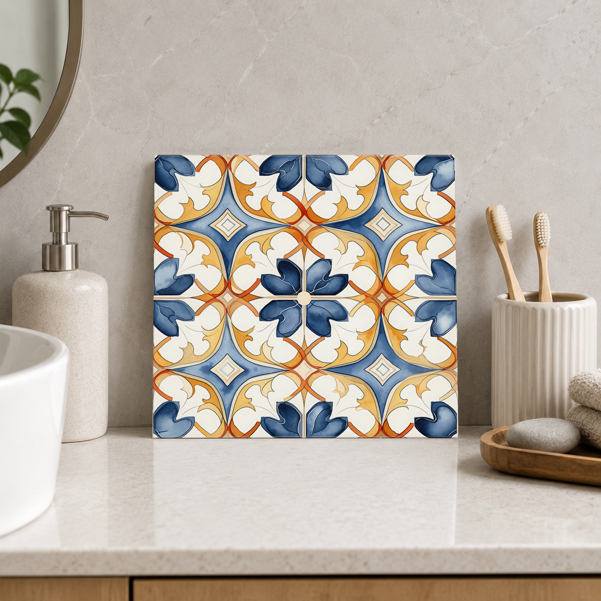 Navy and Ochre Petal Lattice Tile displayed in the bathroom tile mock-up