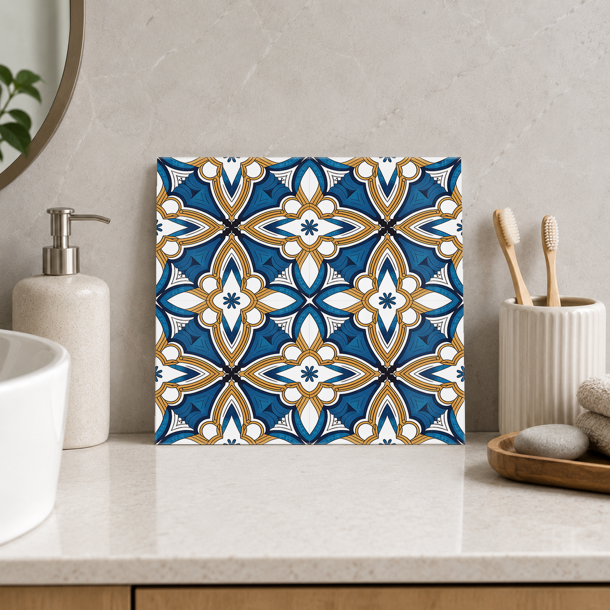 Navy and Ochre Quatrefoil Lattice Tile displayed in the bathroom tile mock-up