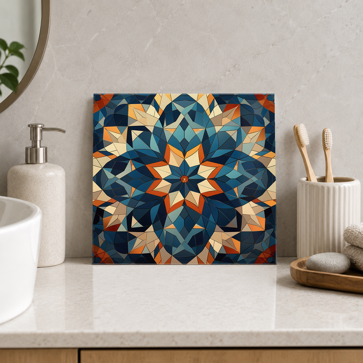 Navy and Orange Faceted Star Tile displayed in the bathroom tile mock-up
