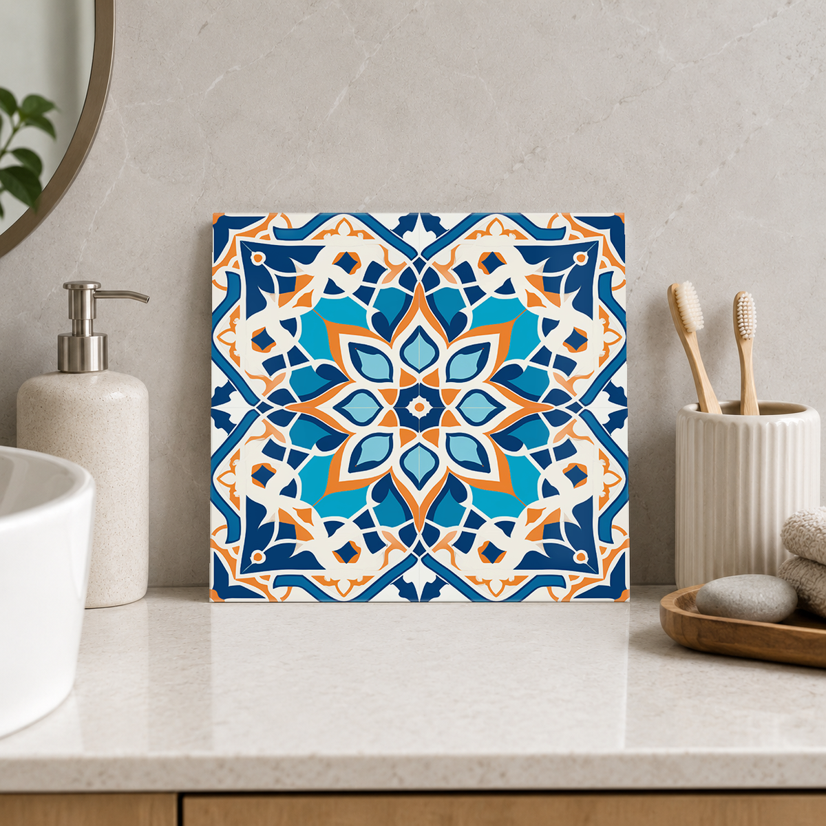 Navy and Orange Petal Star Tile shown in the bathroom mock-up
