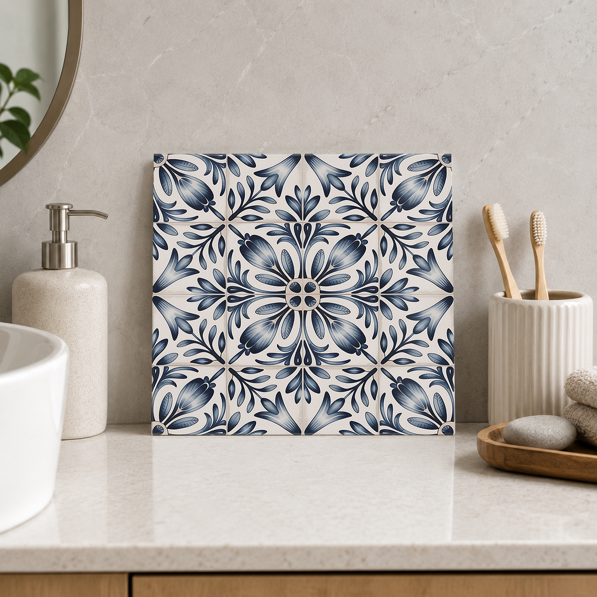 Navy Botanical Floral Cross Tile displayed in the bathroom tile mock-up