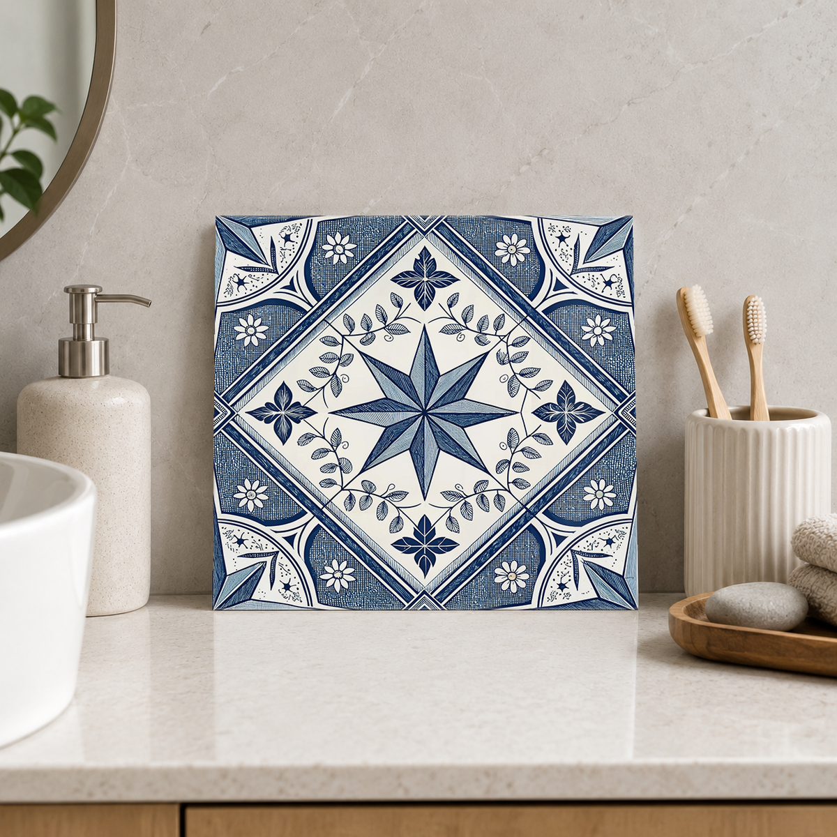 Navy Compass in Leaf Wreath Tile displayed in the bathroom tile mock-up