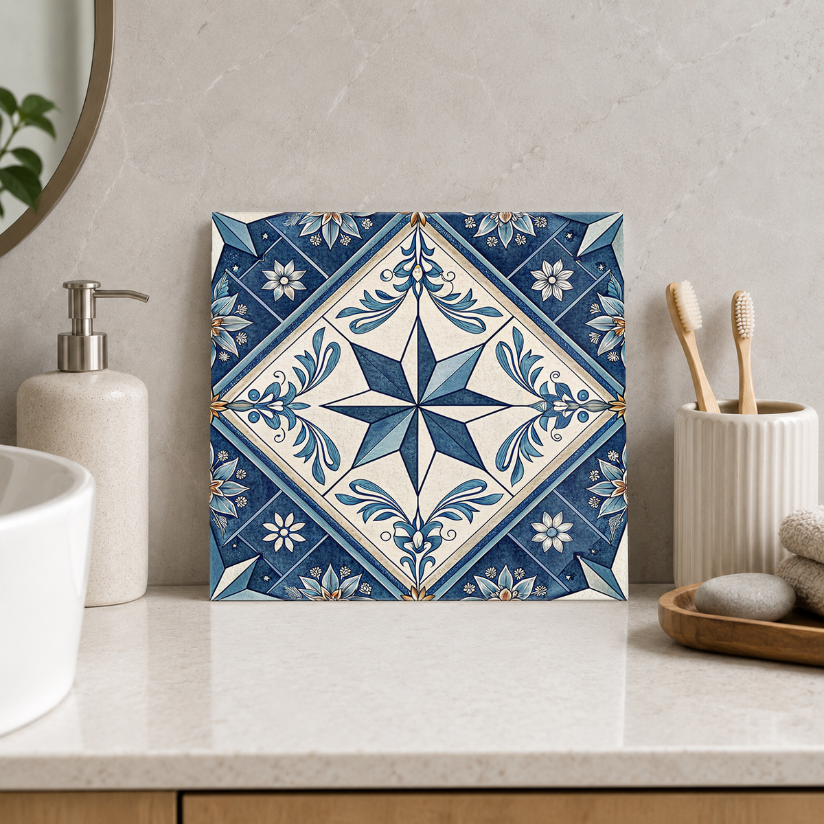 Navy Compass with Botanical Cross Tile displayed in the bathroom tile mock-up