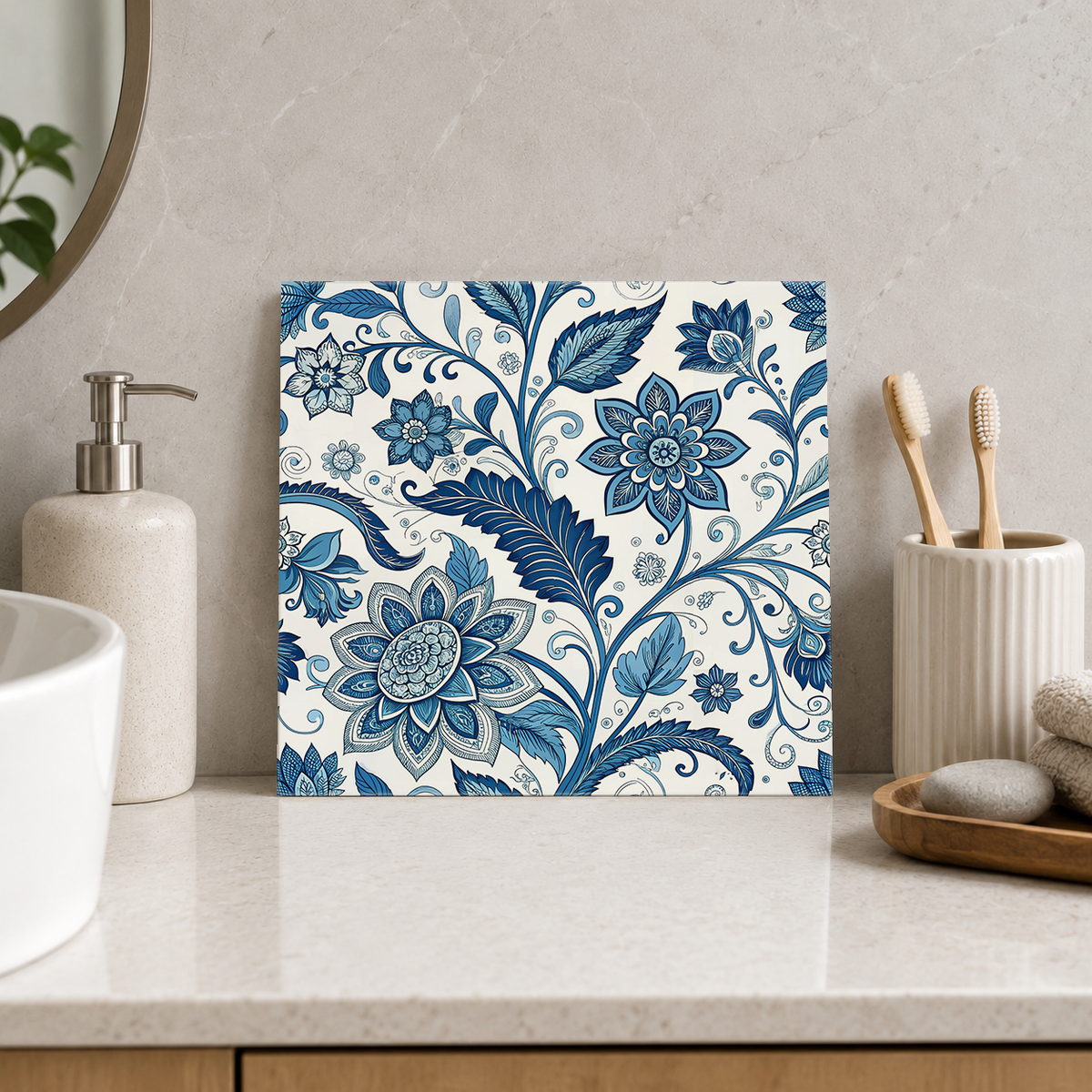 Navy Daisies and Leafy Vines Tile displayed in the bathroom tile mock-up