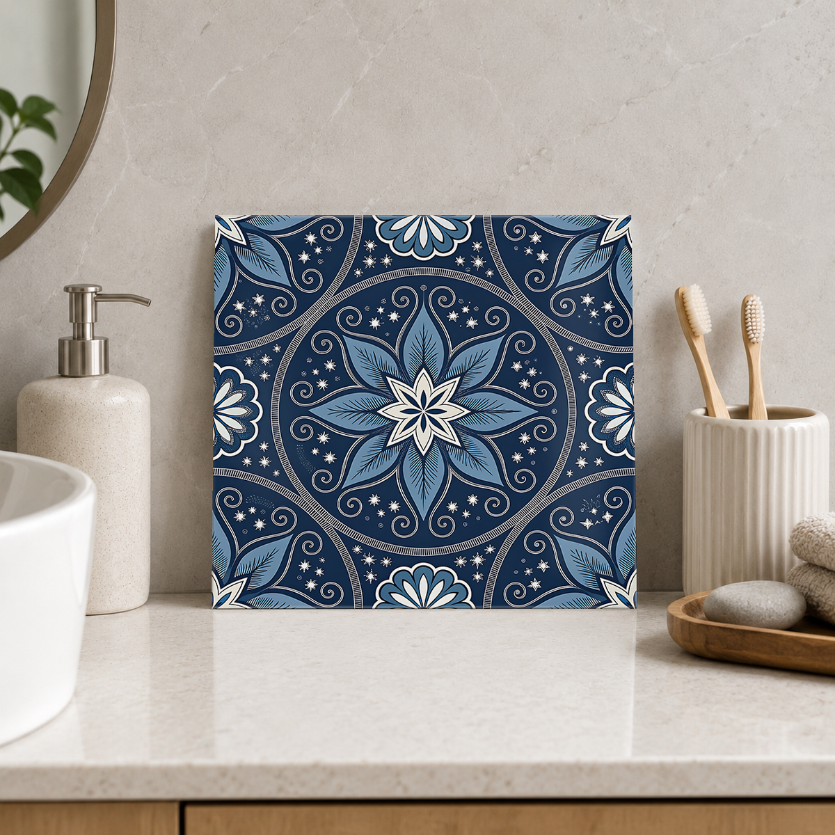 Navy Floral Star and Fine Scrolls Tile displayed in the bathroom tile mock-up