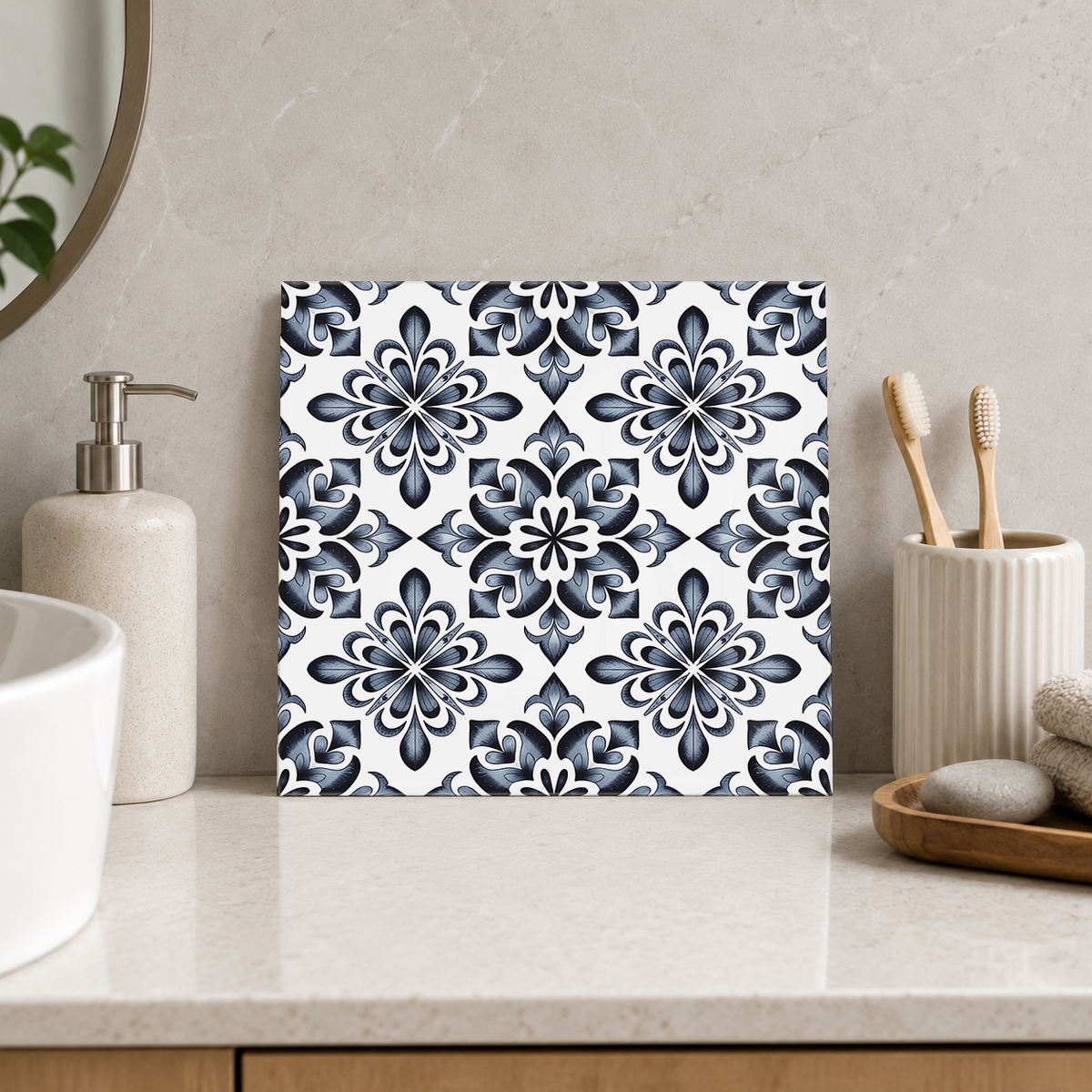 Navy Ornamental Floral Crosses Tile displayed in the bathroom tile mock-up