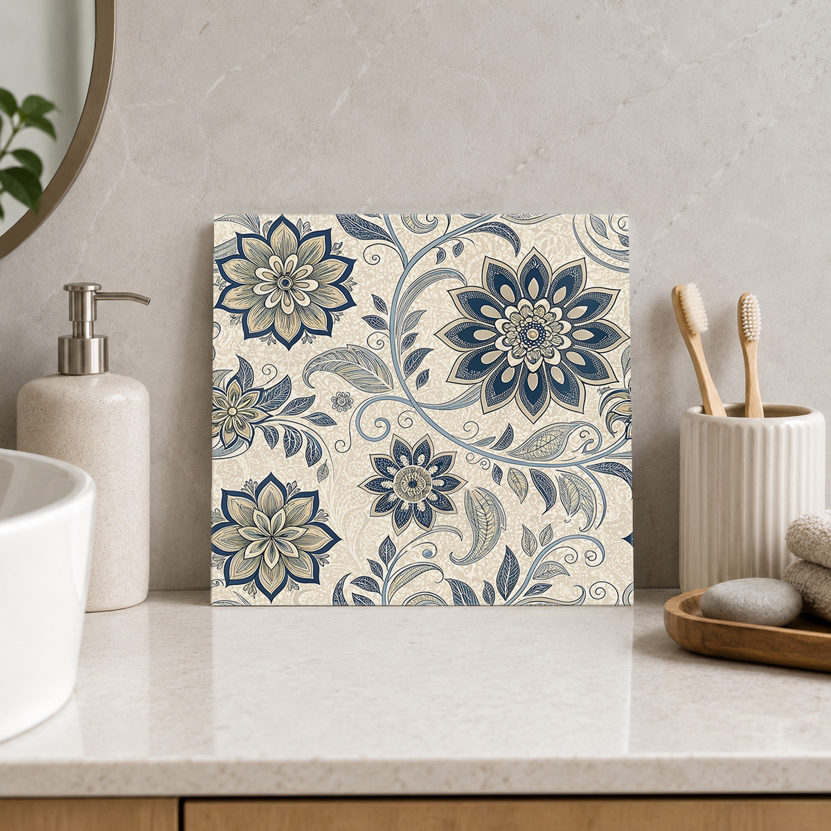 Navy Starflowers and Grey Scrolls Tile displayed in the bathroom tile mock-up