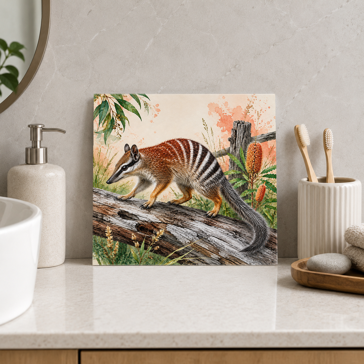 Numbat on Old Timber ceramic decorative tile in Pop Color, shown in a room mockup
