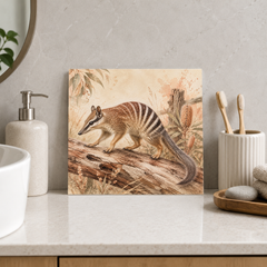 Numbat on Old Timber ceramic decorative tile in Warm Country, shown in a room mockup